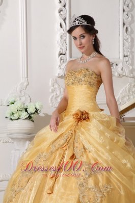 Gold Quinceanera Dress Strapless Appliques Hand Made Flower