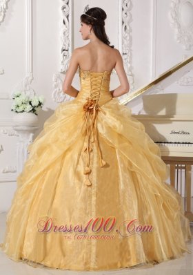 Gold Quinceanera Dress Strapless Appliques Hand Made Flower