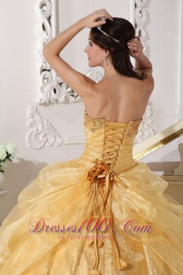 Gold Quinceanera Dress Strapless Appliques Hand Made Flower