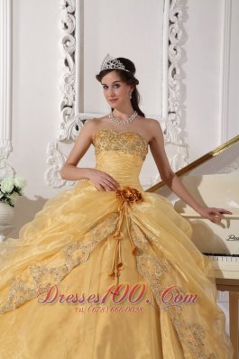 Gold Quinceanera Dress Strapless Appliques Hand Made Flower