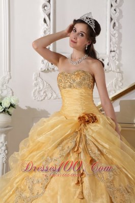 Gold Quinceanera Dress Strapless Appliques Hand Made Flower