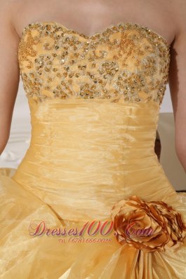 Gold Quinceanera Dress Strapless Appliques Hand Made Flower