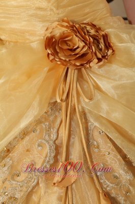 Gold Quinceanera Dress Strapless Appliques Hand Made Flower