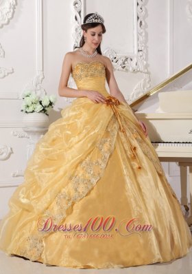 Gold Quinceanera Dress Strapless Appliques Hand Made Flower