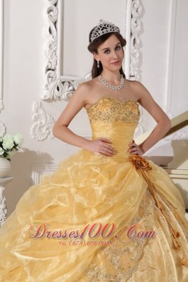 Gold Quinceanera Dress Strapless Appliques Hand Made Flower