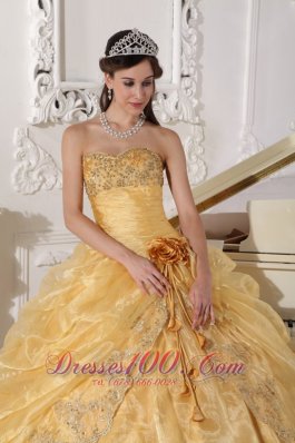 Gold Quinceanera Dress Strapless Appliques Hand Made Flower