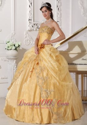 Gold Quinceanera Dress Strapless Appliques Hand Made Flower