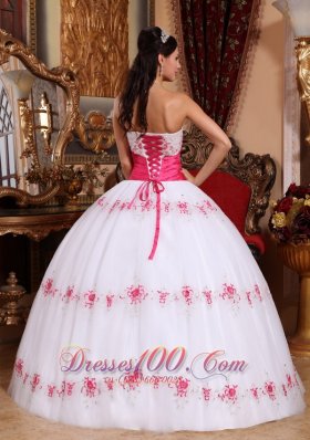 Strapless White and Hot Pink Appliques Sash Beading