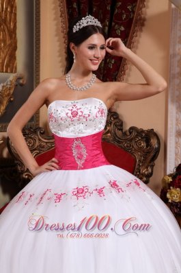 Strapless White and Hot Pink Appliques Sash Beading