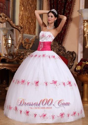 Strapless White and Hot Pink Appliques Sash Beading