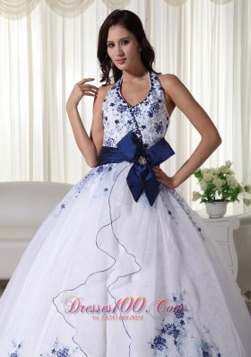 Halter White Quinceanera Dress Hand Made Flower Embroidery