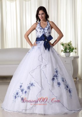 Halter White Quinceanera Dress Hand Made Flower Embroidery