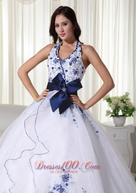 Halter White Quinceanera Dress Hand Made Flower Embroidery