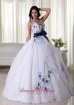 Halter White Quinceanera Dress Hand Made Flower Embroidery