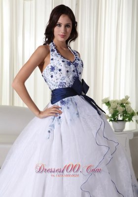 Halter White Quinceanera Dress Hand Made Flower Embroidery