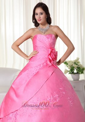 Pink Ball Gown Quinceanera Hand Made Flower Embroidery