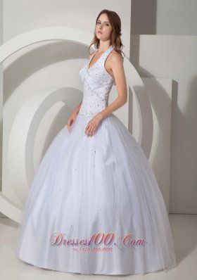 White Halter V-neck Beaded Quinceanera Dress Ball Gowm