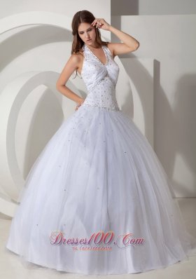 White Halter V-neck Beaded Quinceanera Dress Ball Gowm