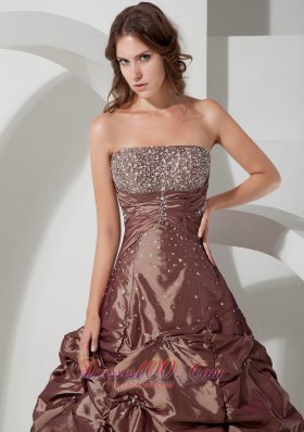 Brown Strapless Pick-ups Taffeta Beading A-line