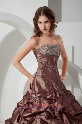 Brown Strapless Pick-ups Taffeta Beading A-line