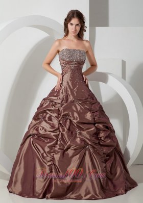 Brown Strapless Pick-ups Taffeta Beading A-line