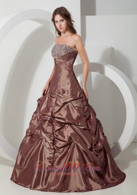 Brown Strapless Pick-ups Taffeta Beading A-line