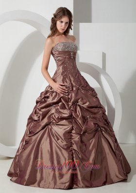 Brown Strapless Pick-ups Taffeta Beading A-line