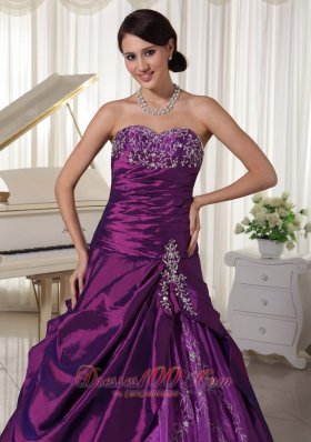 Taffeta Organza Purple Sweetheart Quinceanera Gowns Appliques