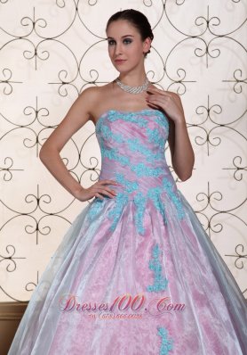 Quinceanera Dress Blue Appliques Organza Strapless