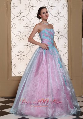 Quinceanera Dress Blue Appliques Organza Strapless