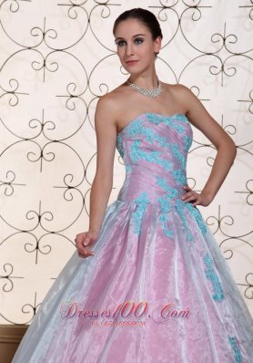 Quinceanera Dress Blue Appliques Organza Strapless