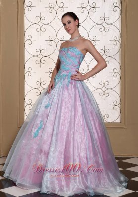 Quinceanera Dress Blue Appliques Organza Strapless