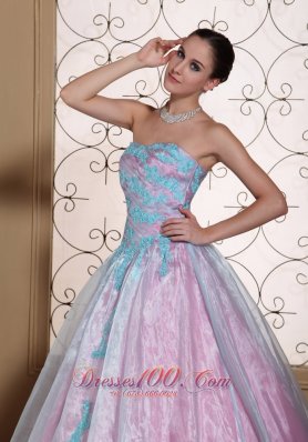 Quinceanera Dress Blue Appliques Organza Strapless