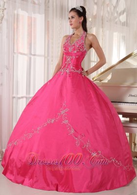 Red Quinceanera Dress Halter Taffeta Appliques