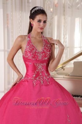 Red Quinceanera Dress Halter Taffeta Appliques