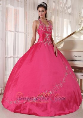 Red Quinceanera Dress Halter Taffeta Appliques