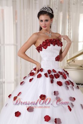 White Quinceanera Dress Strapless Tulle Beading Floral