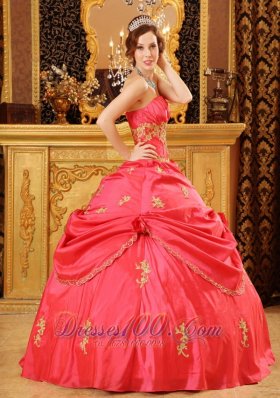 Watermelon Red Quinceanera Dress Strapless Taffeta Beading