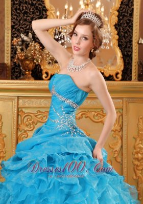 Sky Blue Quinceanera Dress Organza Beading Ruffles