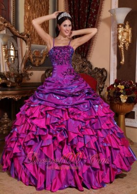 Fuchsia Quinceanera Dress Straps Satin Embroidery