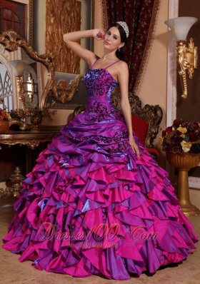 Fuchsia Quinceanera Dress Straps Satin Embroidery