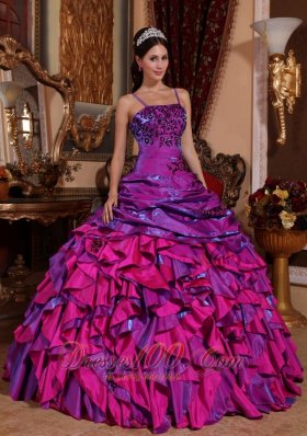 Fuchsia Quinceanera Dress Straps Satin Embroidery