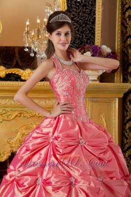 Watermelon Quinceanera Dress Halter Taffeta Appliques