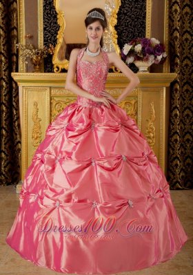 Watermelon Quinceanera Dress Halter Taffeta Appliques