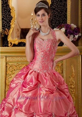 Watermelon Quinceanera Dress Halter Taffeta Appliques