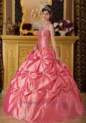 Watermelon Quinceanera Dress Halter Taffeta Appliques