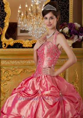 Watermelon Quinceanera Dress Halter Taffeta Appliques