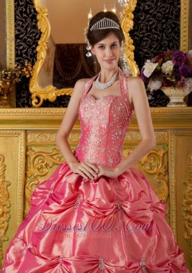 Watermelon Quinceanera Dress Halter Taffeta Appliques