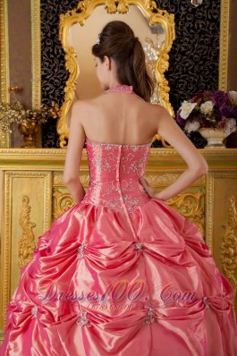 Watermelon Quinceanera Dress Halter Taffeta Appliques