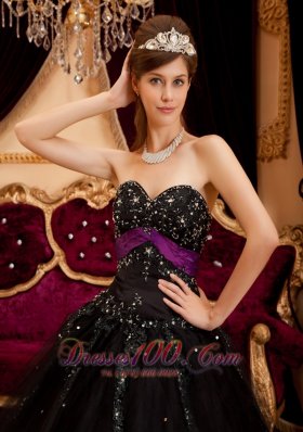 Black Quinceanera Gown Dress Sweetheart Tulle Appliques